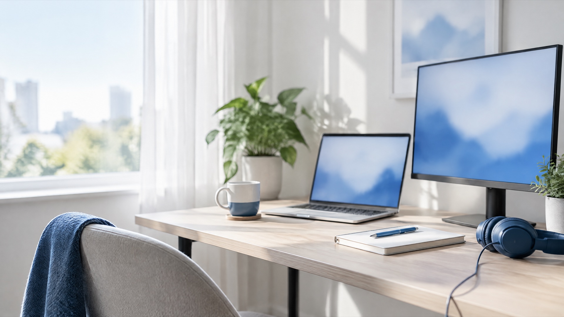 A remote developer's desk with a laptop and a second monitor in a Vietnamese apartment