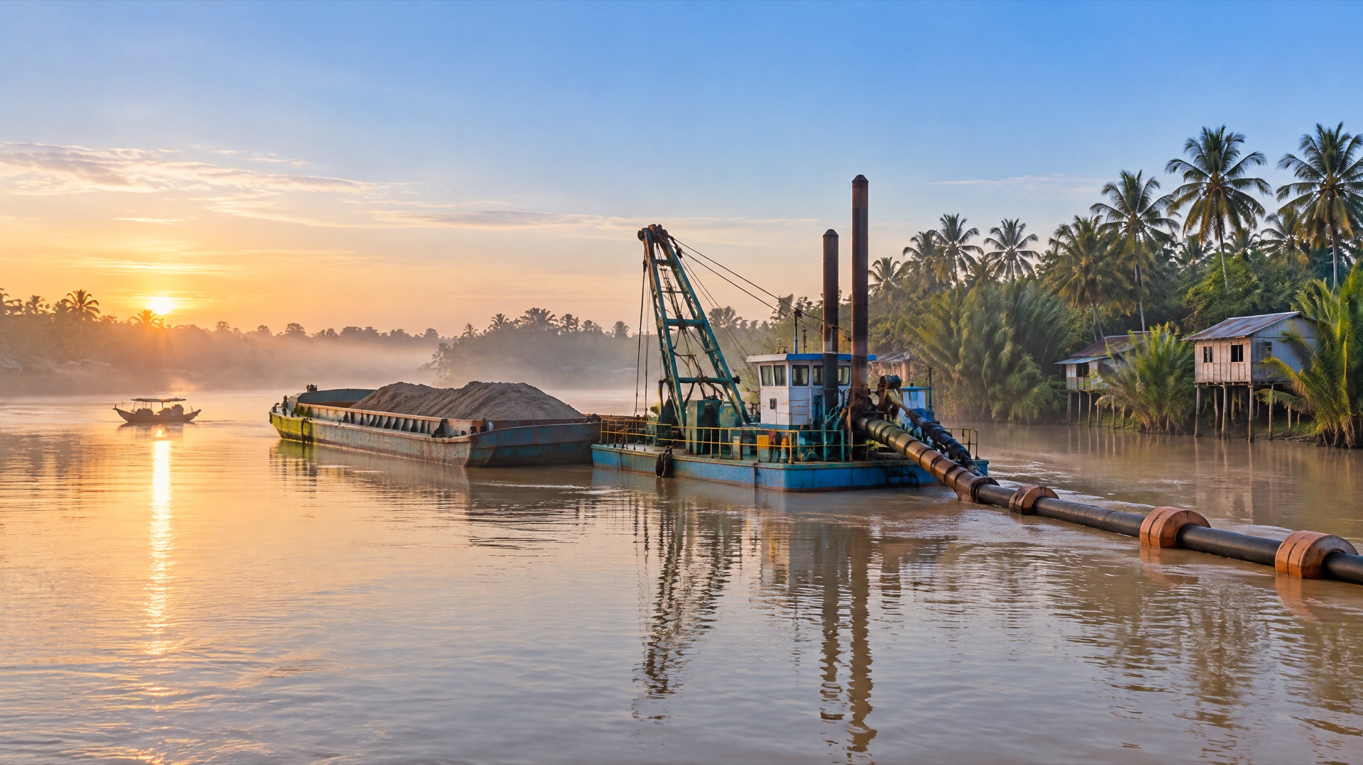 Tàu hút bùn và sà lan chở cát lúc bình minh trên một con sông miền Tây, hai bờ dừa nước và nhà sàn