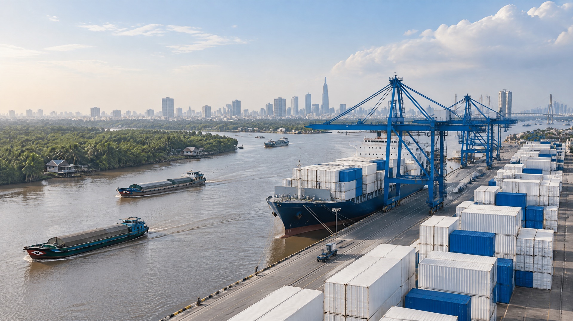 Aerial view of a river container port in Ho Chi Minh City with white refrigerated containers and cargo barges