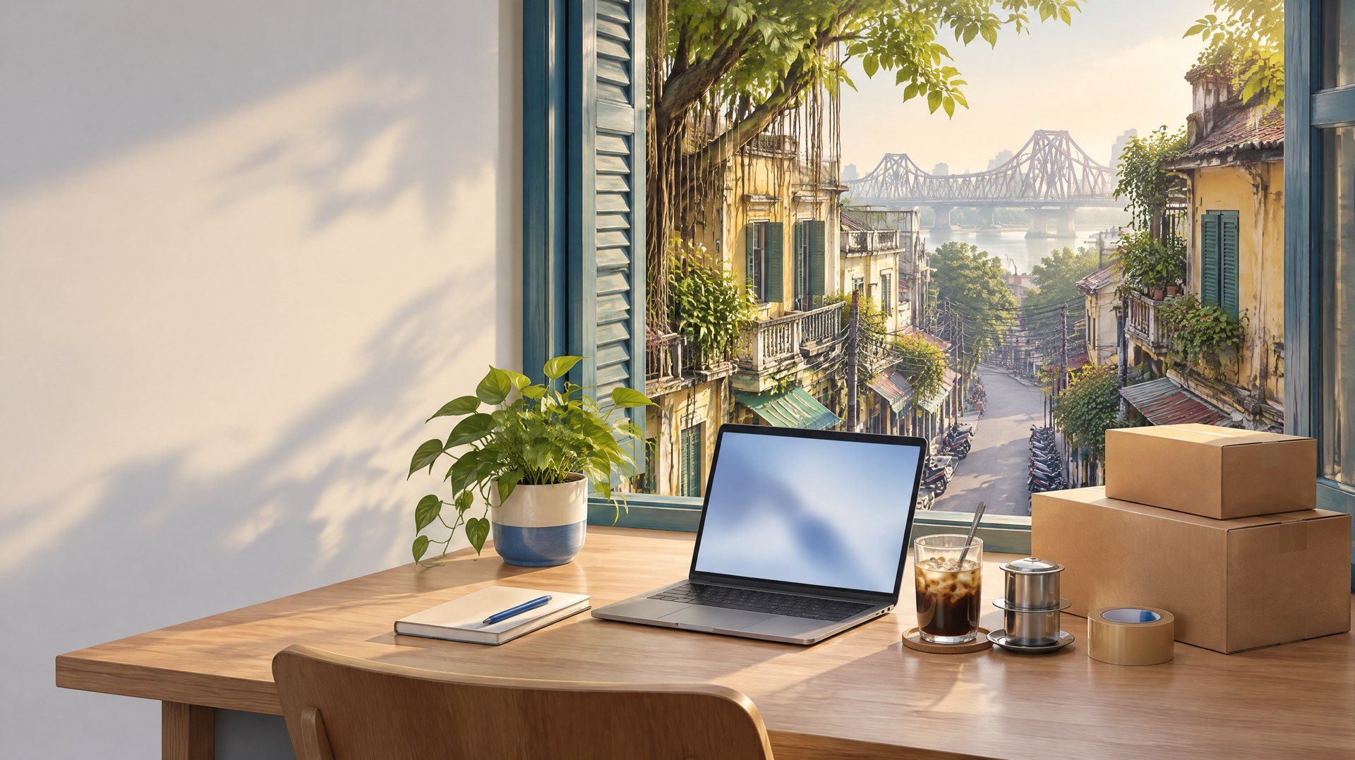 Illustration of a desk with a laptop and plain shipping boxes by a window over a Hanoi Old Quarter street
