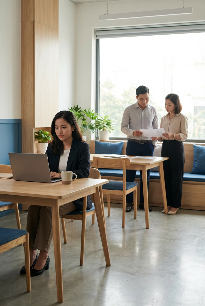 Vietnamese professionals collaborating in a modern office.